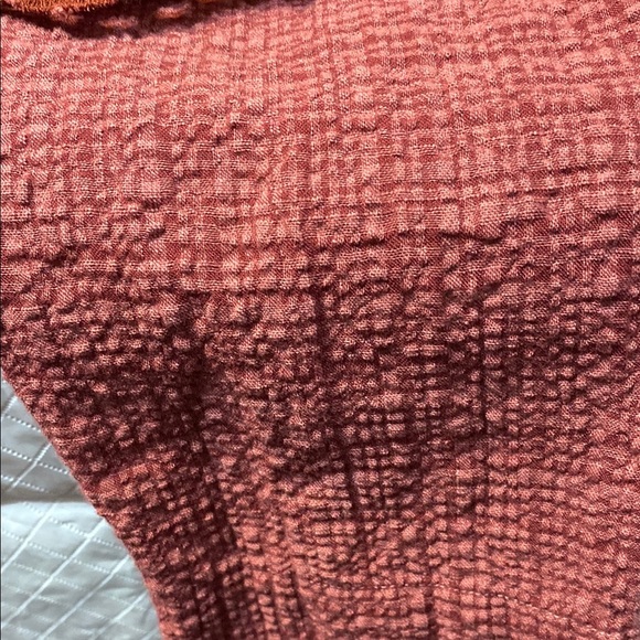 Elegant Rust Open-Front cut work seersucker cardigan waterfall hem L - Picture 12 of 13